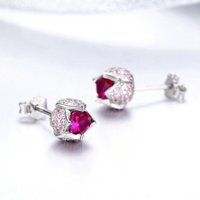 BAMOER Romantic 925 Sterling Silver Luminous Tulip Flower Buds Pink CZ Zircon Stud Earrings
