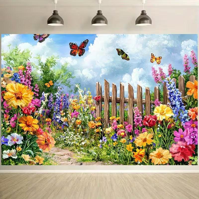 

2D Spring Garden Backdrop - Watercolor Wildflower & Butterfly Photography Background Banner for Party Decor 47.2x31.5inch/120*80cm