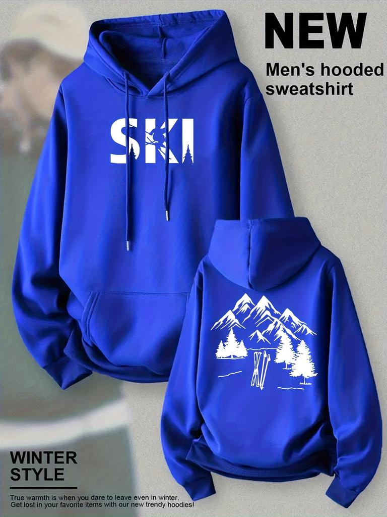 Outdoor casual hooded sweater, ski mountain scenery print men's and women's same couple long-sleeved top