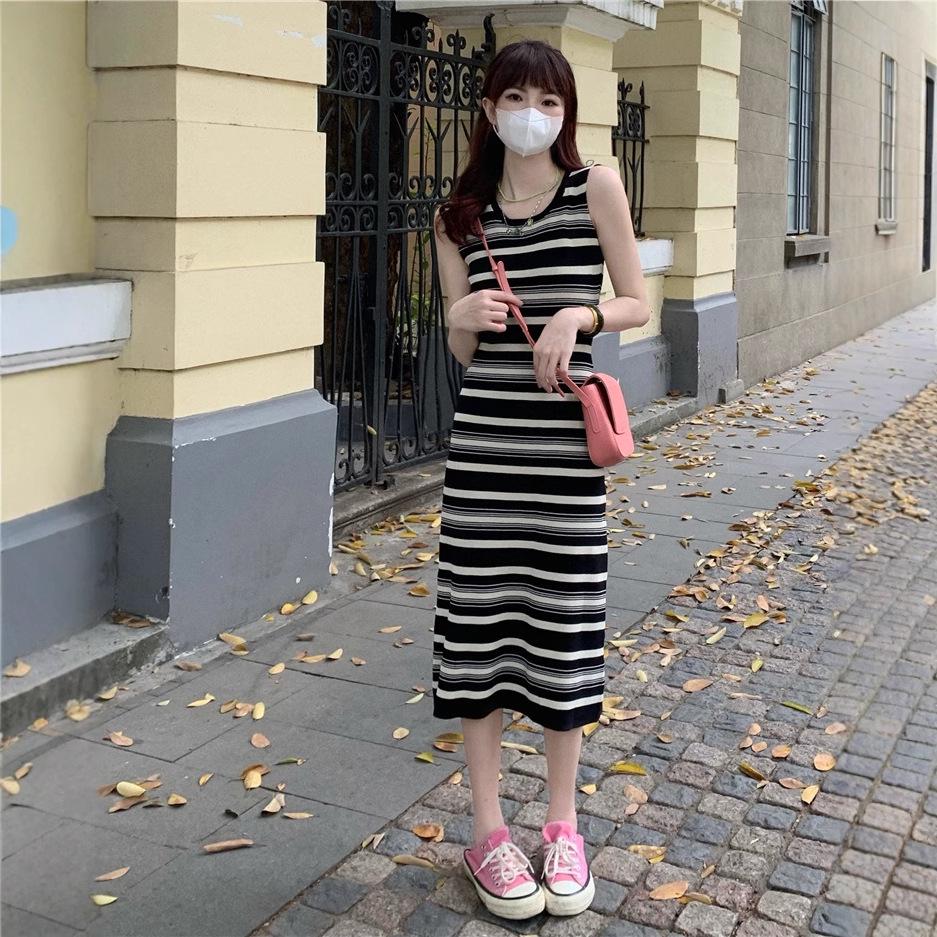 2025 Korean Style Chic Striped Sleeveless Midi Vest Dress for Women - Slim Fit