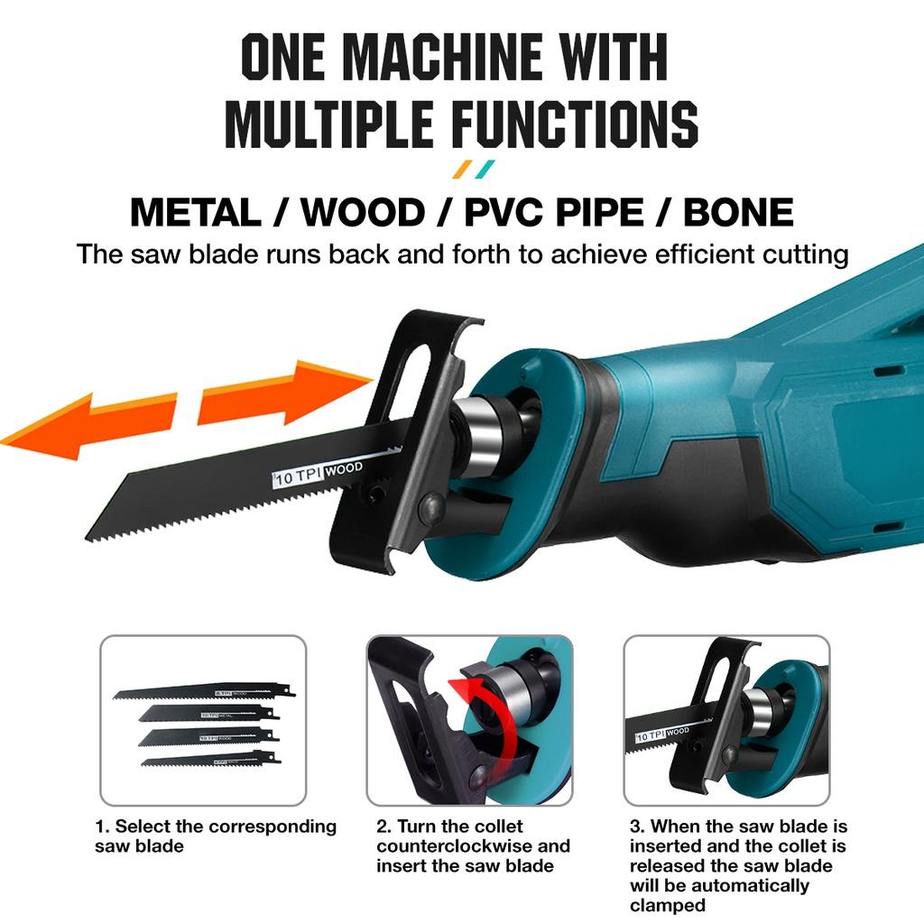Fierăstrău Reciproc Fără Fir 3000W 288VF Viteză Variabilă Unealtă Electrică de Tăiat Metal Lemn cu Baterie