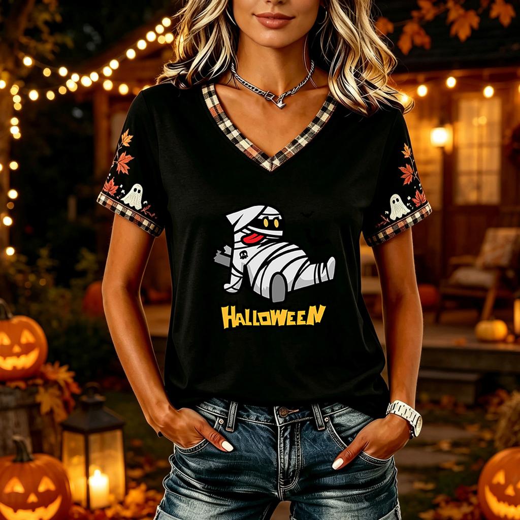 Tricouri Femei Halloween cu Decolteu în V Top cu Dovleac Tricou Casual Top pentru Petrecere de Sărbătoare