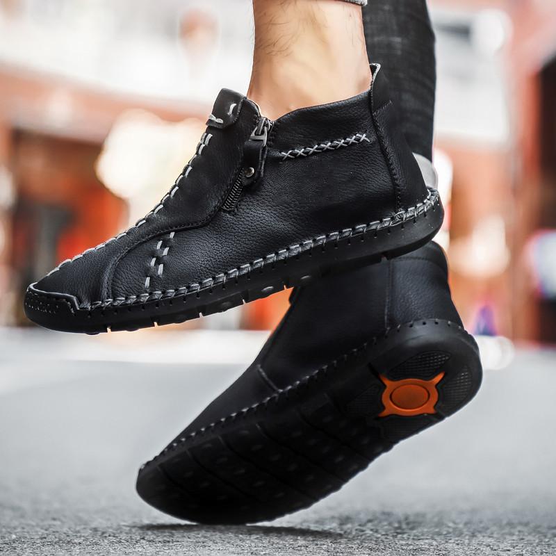 New Microfiber Men's Shoes Outdoor Casual Shoes One-pedal Flat-soled Handmade Leather Shoes Spring High-top Large-size Loafers