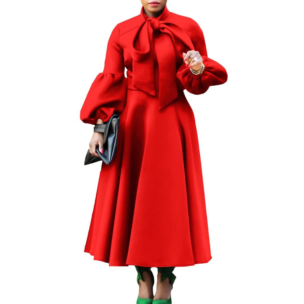 2024 Spring Fashion Lace Lantern Sleeve High Waist Bowknot Swing Dress