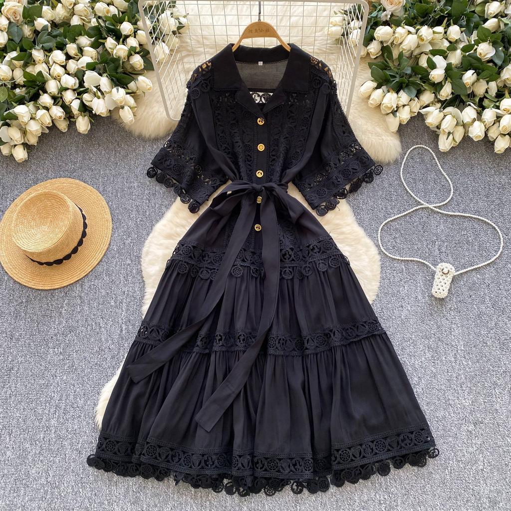 French court style hollow lace splicing lapel short-sleeved dress women's lace-up waist elegant pendulum medium and long dress