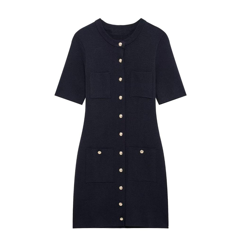 2025 Spring Women's Slim-Fit Knitted Mini Dress with Button Details