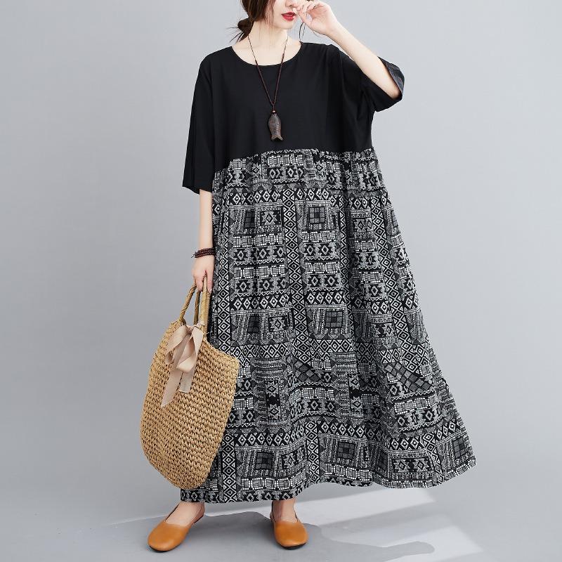 Real Shot Summer New Literary and Artistic Large Size Loose Color Matching Cotton and Linen Short-sleeved Dress Women's Long Dress