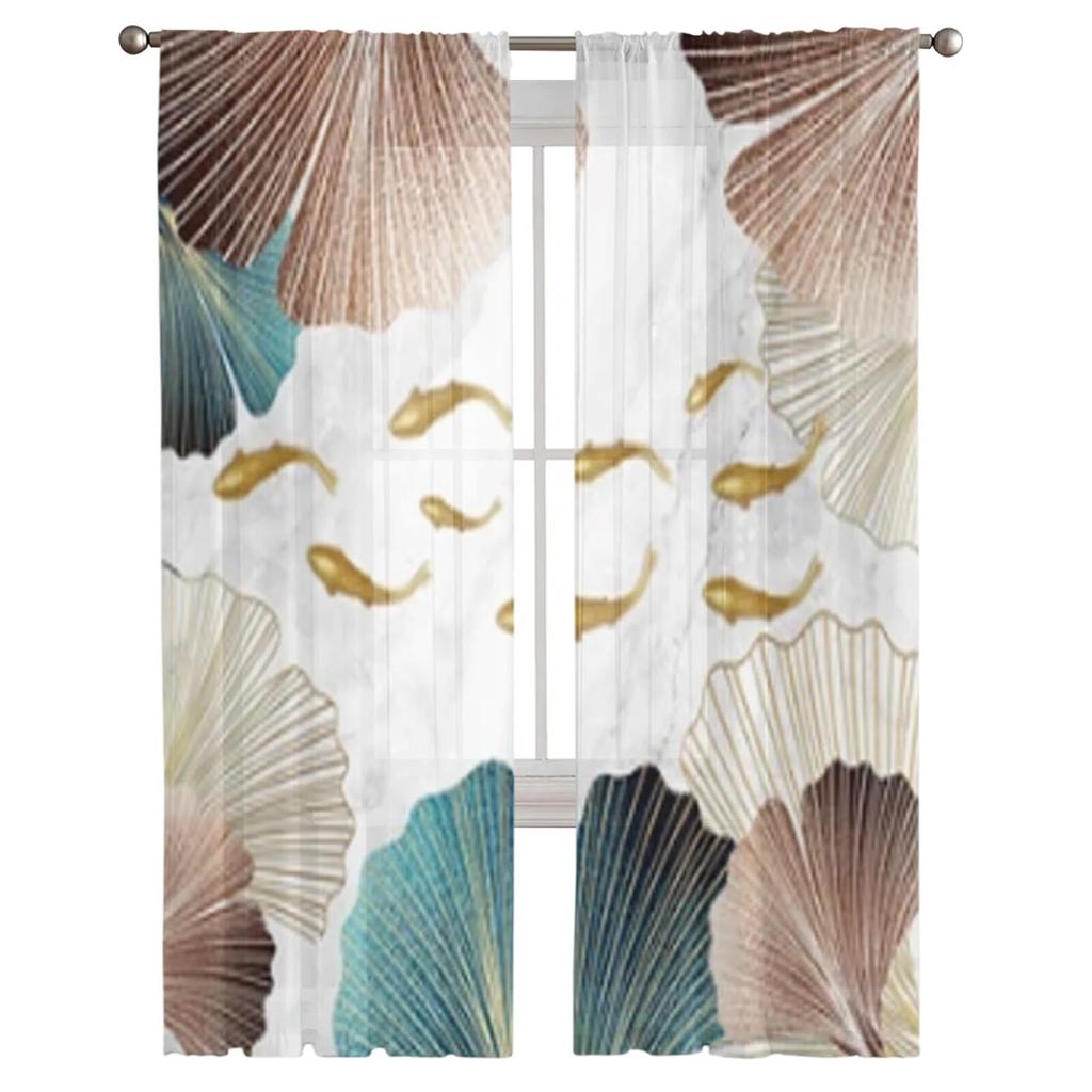 Ginkgo And Goldfish Marble Texture Sheer Curtains For Living Room Window Transparent Voile Tulle Curtain Bedroom Drapes
