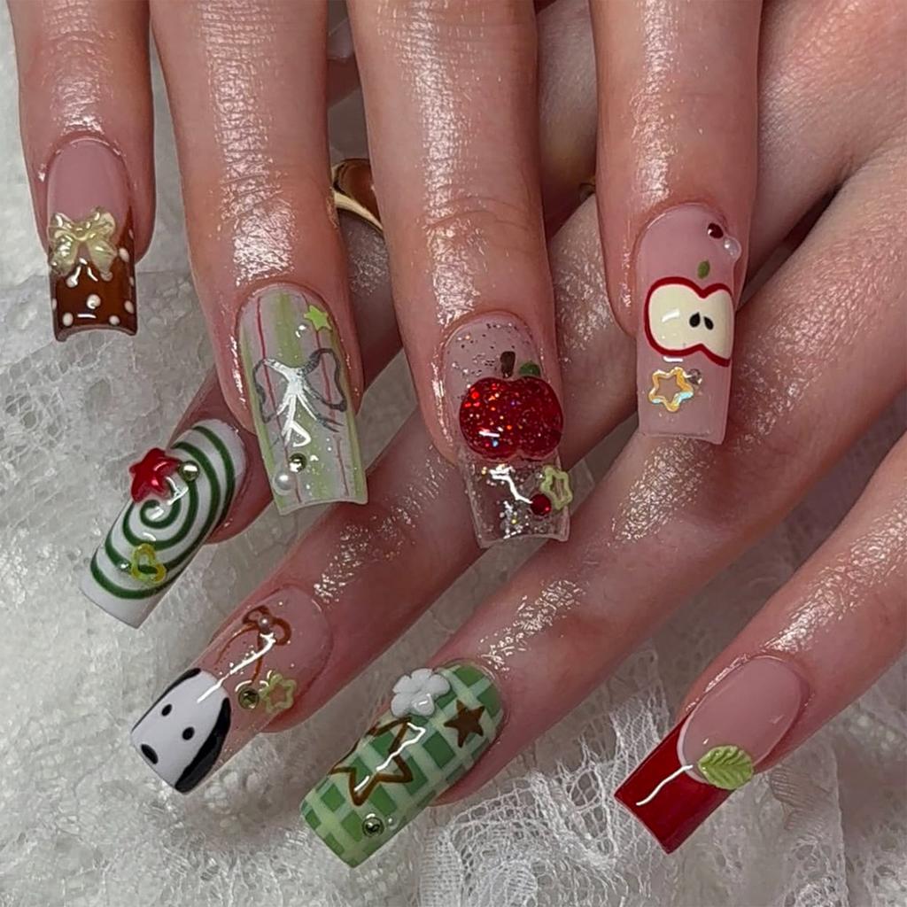 24PCS Medium Square Stick on False Nails Cute Cartoon Apple Patterns with Stripes Grid French Fake Nails for Women Wearable Nail