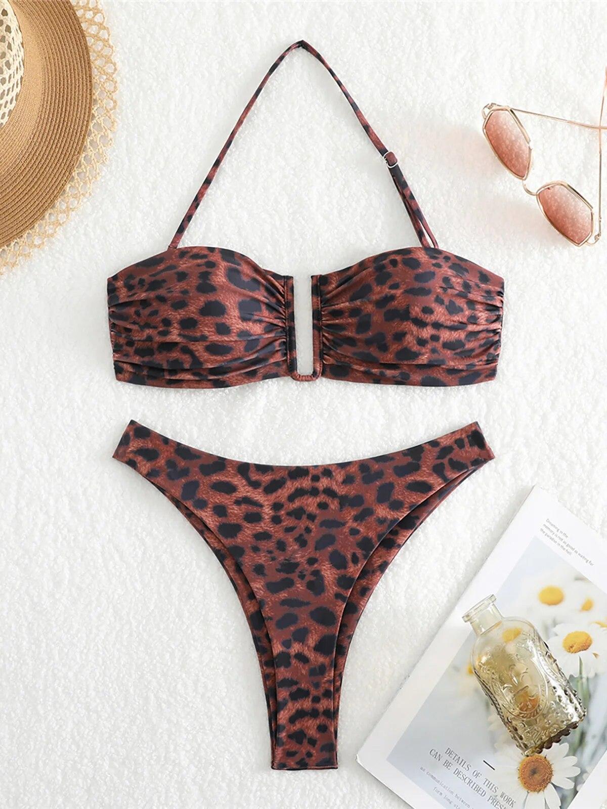 

Сексуальный купальник с v-образным вырезом и лямкой на шее, бразильский леопардовый бикини, женский купальник, женский купальник, комплект из двух частей, купальный костюм, купальный костюм, K5284 S леопардовый