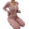 Womens Lace Trim Ribbed Knit Pajamas Set Long Sleeve Crop Top Wide Leg Pants Lounge Set 2 Piece Pjs Sleepwear