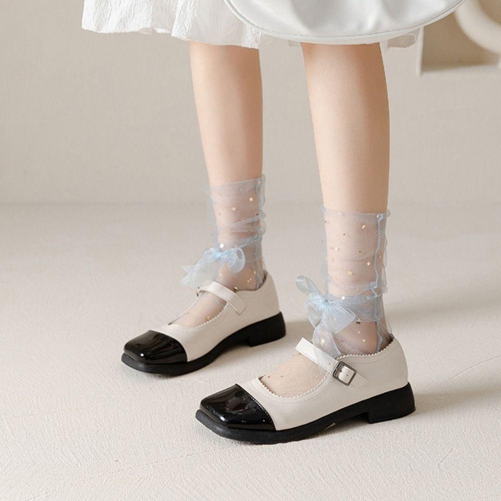 5Pairs Star Moon Tulle Shiny Socks Mid-calf Mesh Tube Socks Women Soft Transparent Bow Socks  Girl