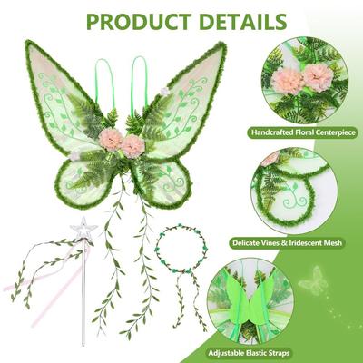 Flower Crown Forest Fairy Wings Set Nature Style Girls Costume Butterfly Wings Accessories Magic Wand Woodland Fairy Costume