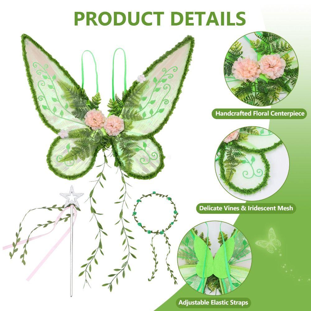 Flower Crown Forest Fairy Wings Set Nature Style Magic Wand Woodland Fairy Costume Girls Costume Kids Dress Up Props