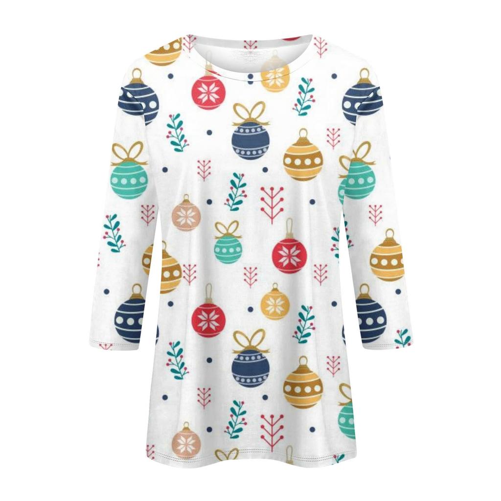 Women's Fashion Casual Seven Sleeve Christmas Printed Round Neck Top