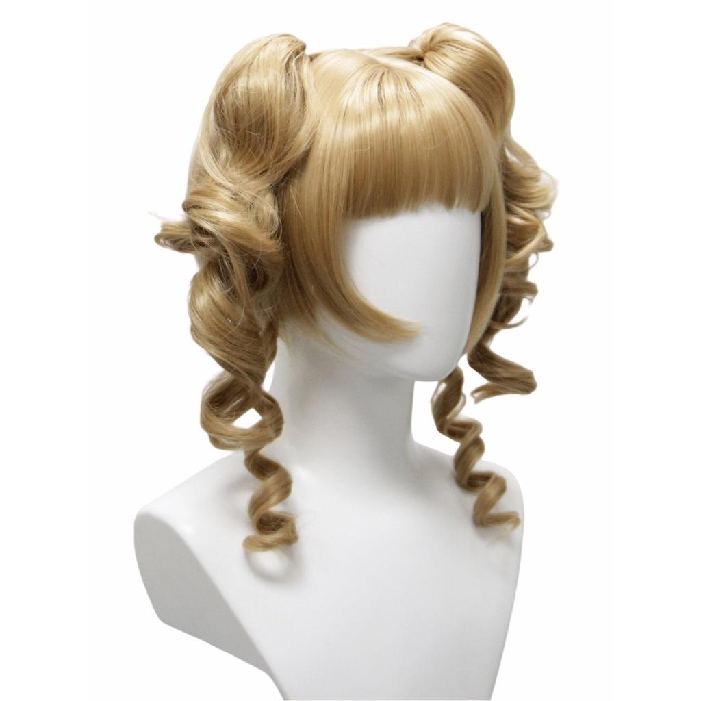 Golden Double Ponytail Braided Wig with Bangs Fluffy Layered Wavy Curly Glossy Synthetic Cosplay Anime Lolita