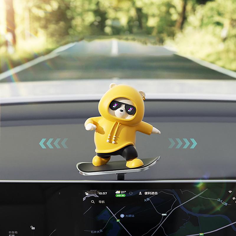1Pc Cartoon Cute Doll Center Console Moving Bear Auto Interior Decoration Car Automatic Sliding Skateboard Bear Ornaments