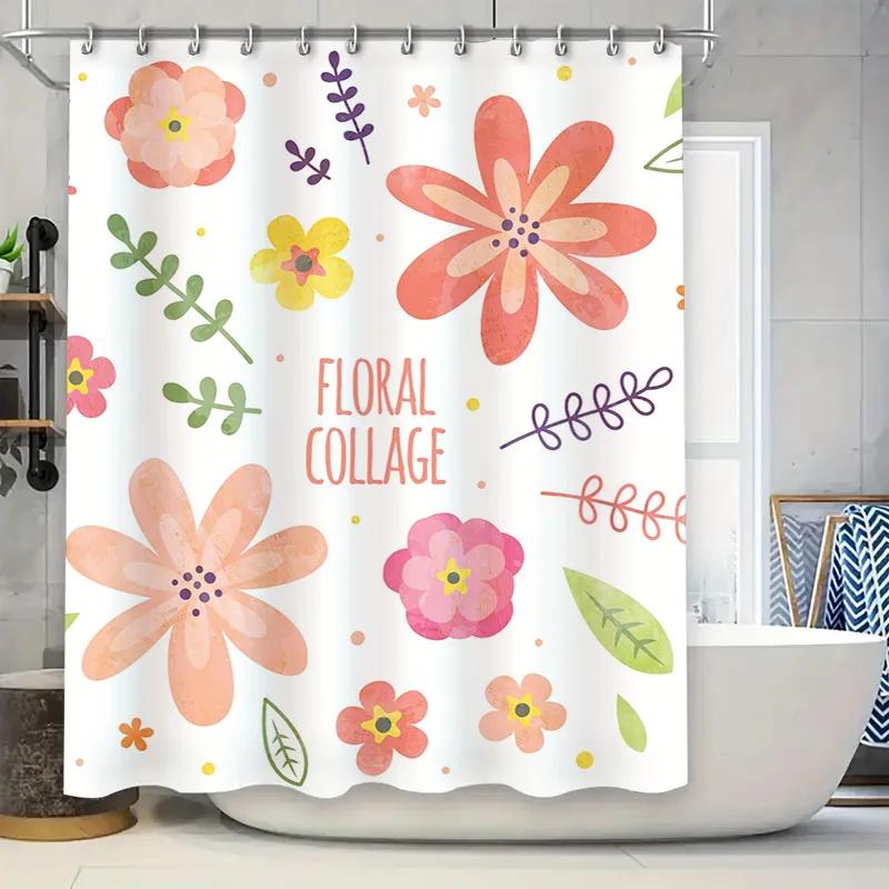 

Floral Shower Curtain, Bathroom Decor, Waterproof Fabric with Floral Collage Print Pink, Yellow, Green Colors for Home Decoratio W90xH180cm