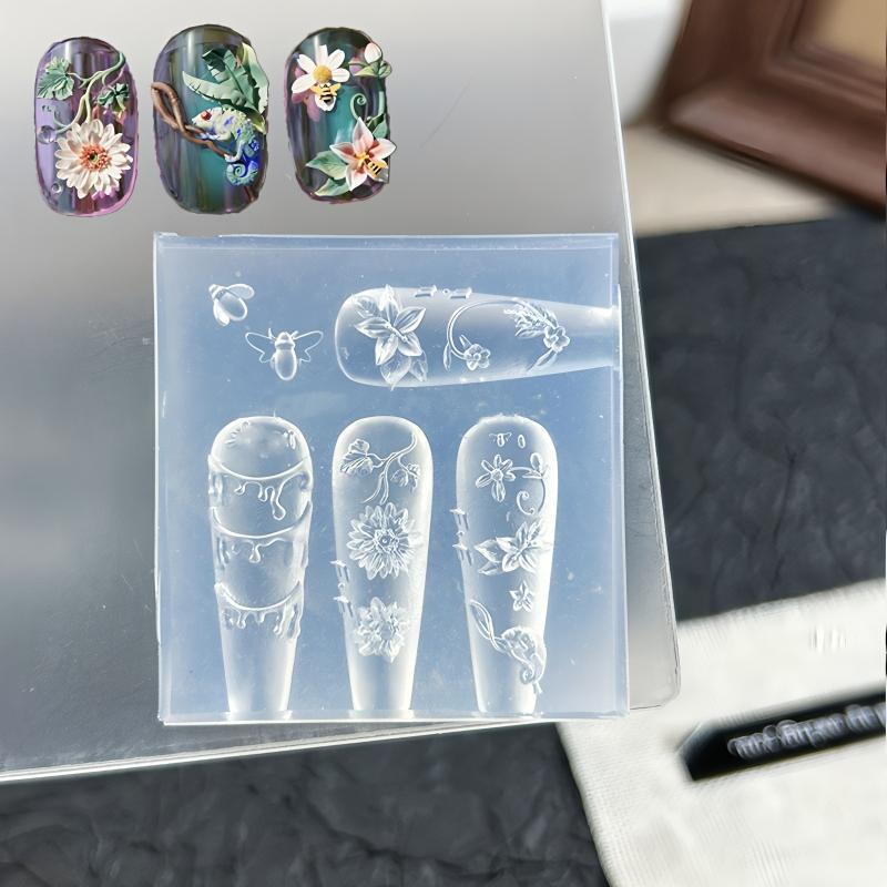 Flower Peacock 3D Silicone Nail Mold Chinese Style Relief Transparent Template Manicure Design Tools DIY Nail Art Decoration