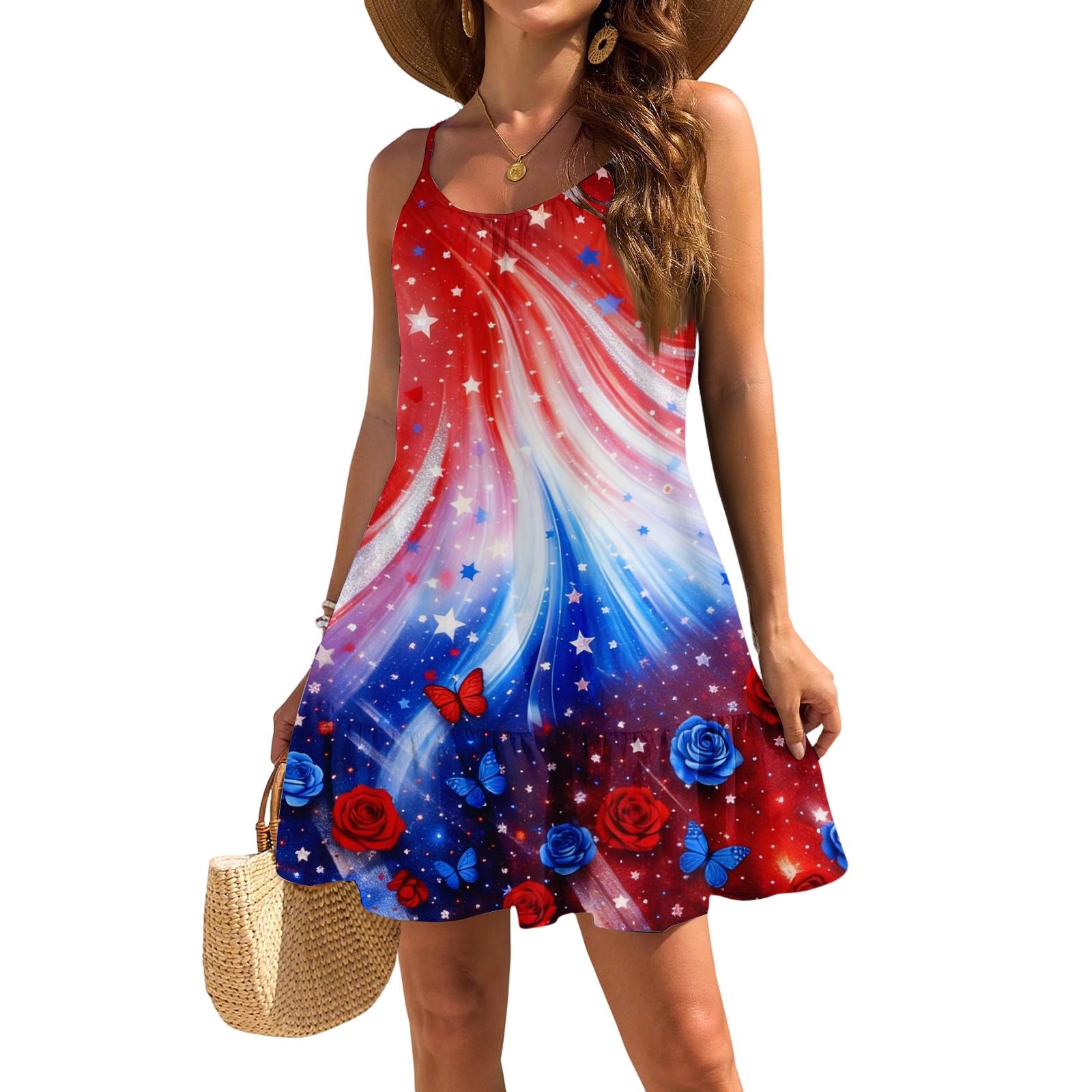 

Women s Sleeveless Sling Loose Casual Elegant Beach Independence Day Printed Dress XXL винний