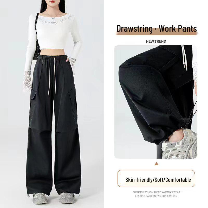 High Waist Wide Leg Paratrooper Pants - Casual Autumn Floor-Length Sportswear