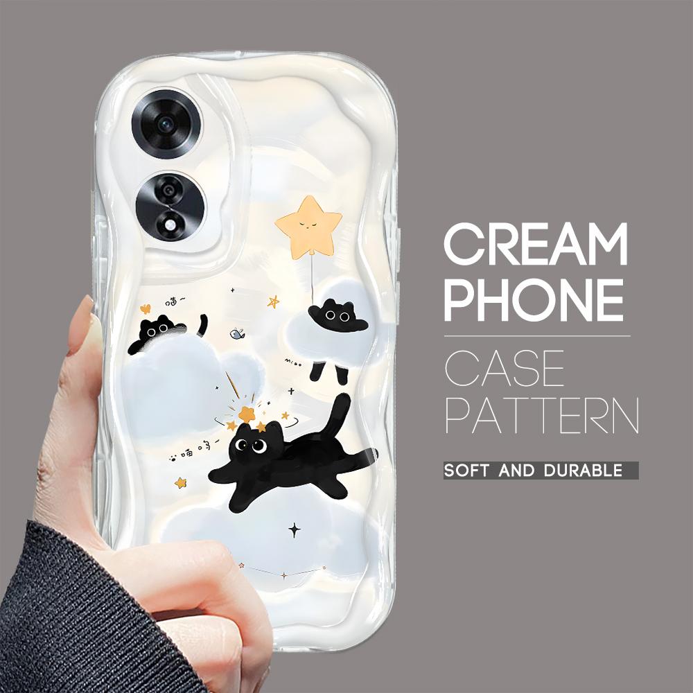 For OPPO A17 A18 A38 A58 A98 Reno7 Z 8Z 8T 11F 11 Pro Realme 12 Lite 12 Pro C30 Soft Wavy Edge Cartoon Lovely Cat Pattern Full Lens Protect Case