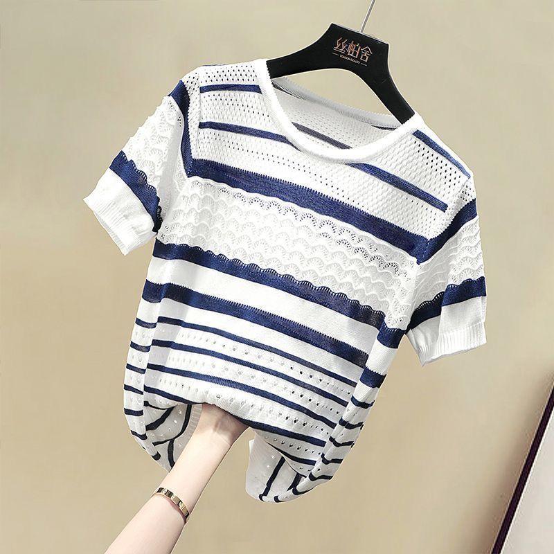 Summer Women's Round Neck Color Contrasting Thin Hollow Short Sleeve Knitted Shirt