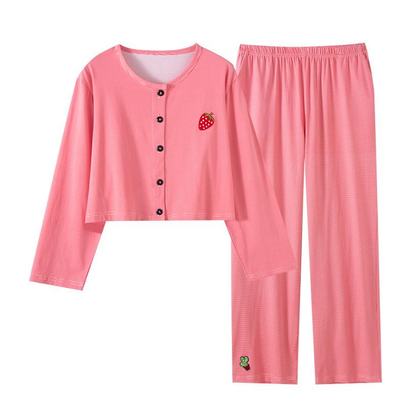 Womens Cotton Pajamas Set Long Sleeve Button Front Round Neck Soft Loungewear Pink Blue Strawberry Fall Winter