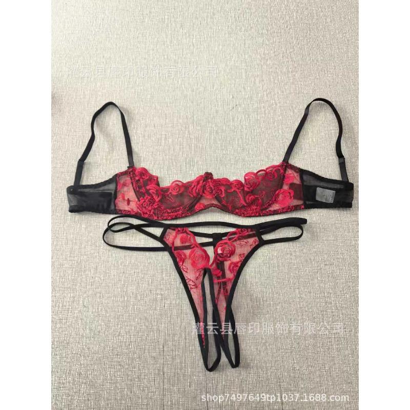 Translucent Panties Thong Hollow Open Bra Set Embroidered Strap Splicing Seductive Sexy Set