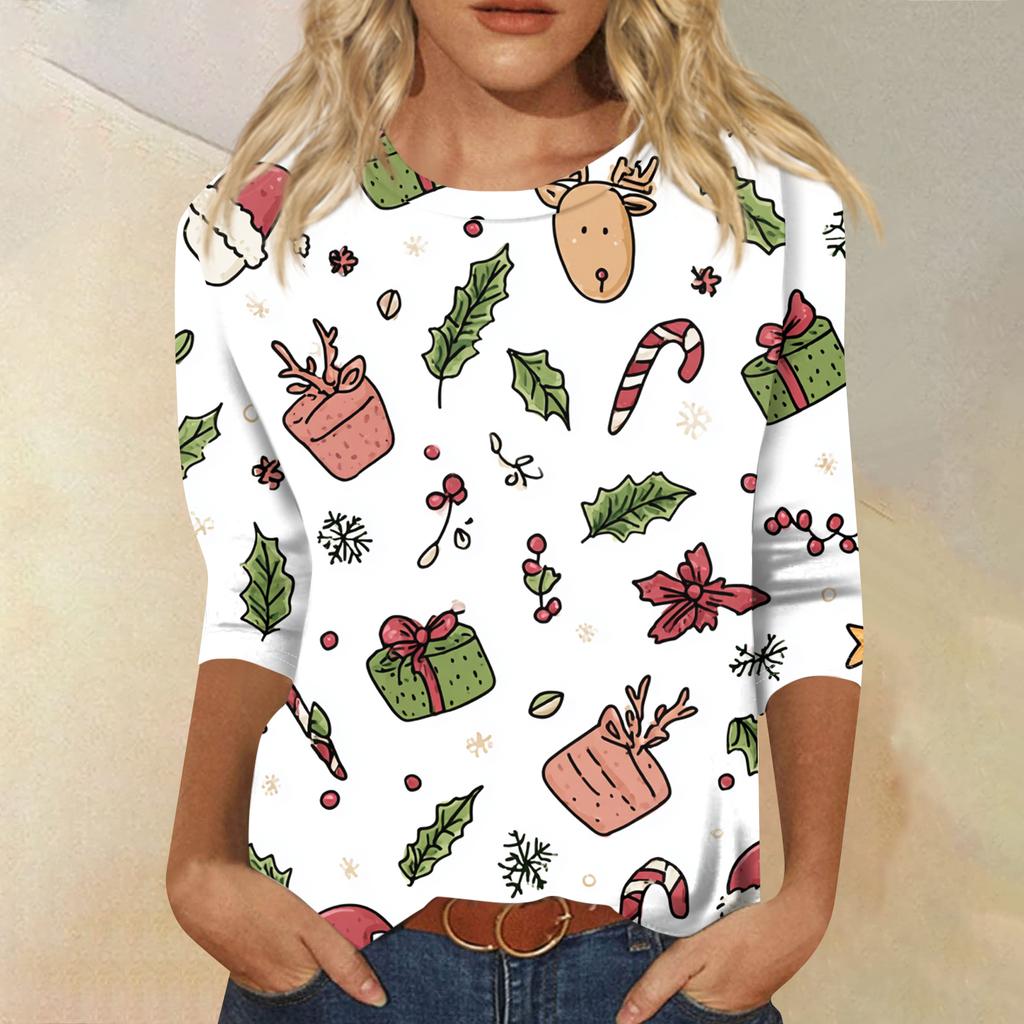 Women's Fashion Casual Round Neck Three-quarter Sleeve Christmas Print T-shirt Top