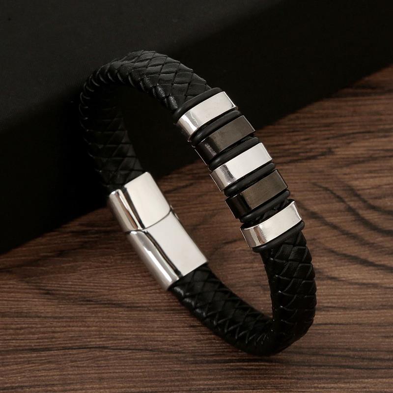 Braided Rope Woven Black Leather Men Bracelets Punk Style Stainless Steel Bangle for Friend Charm Fashion Jewelry Gifts