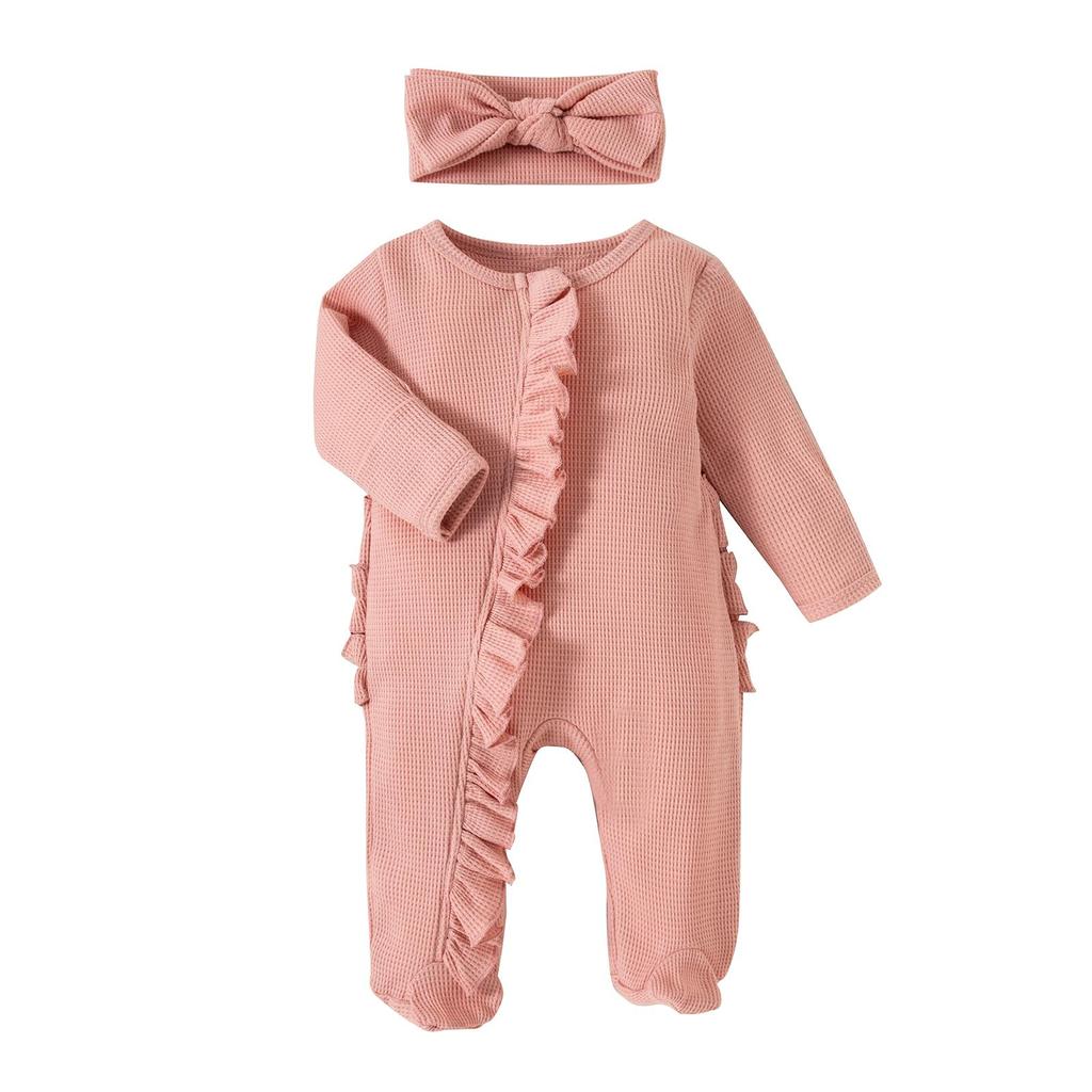 Footies för spädbarnsflickor 3M 6M 12M Enfärgade krusiduller Rundhals Långärmad Baby Jumpsuits Nyfödda Kläder Bodysuits med pannband