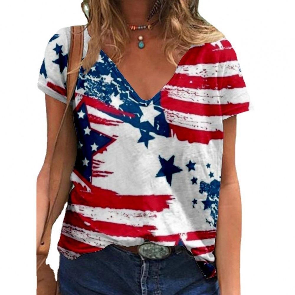 2024 New arrival Women's fashion T-shirt loose casual short sleeve V-neck 3d print American Independence Day theme plus size T-shirt 2025 new