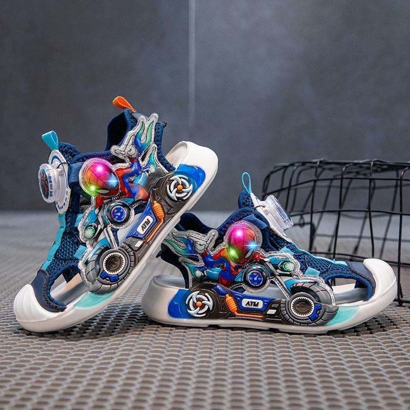 Kids Rotating Buckle Closed-Toe Sandals With LED Light Boys Girls Ages 4-12 Rubber Sole Comfortable Shoes