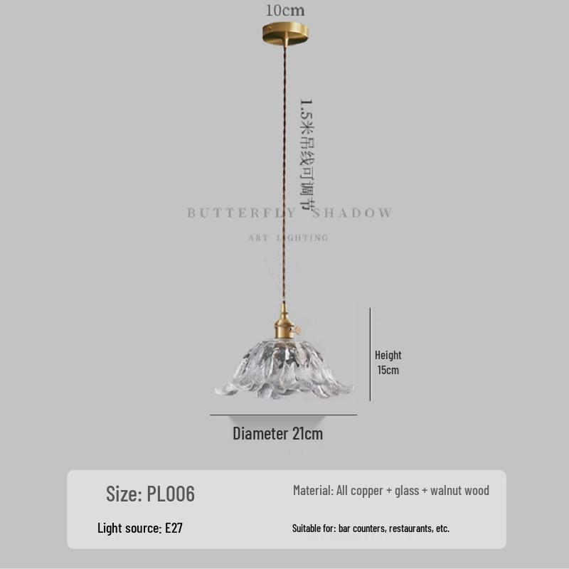 

Влиятельный французский стеклянный люстр с цветочным узором, с японским ретро ореховым деревом и латунными элементами, для освещения ресторана, бара и коридора 4W LED Retro Warm Light