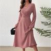 Spring and Summer Fashion V-Neck Lantern Long Sleeved Dress with Twisted Edges, Elegant Mid Length Dress