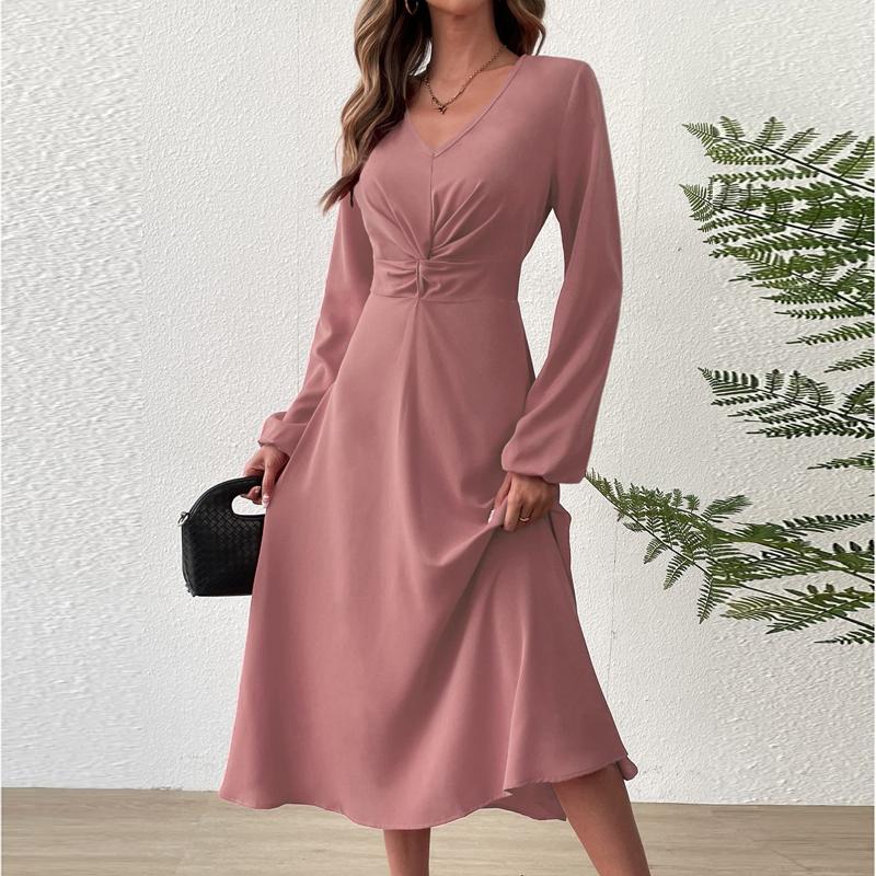 Spring and Summer Fashion V-Neck Lantern Long Sleeved Dress with Twisted Edges, Elegant Mid Length Dress