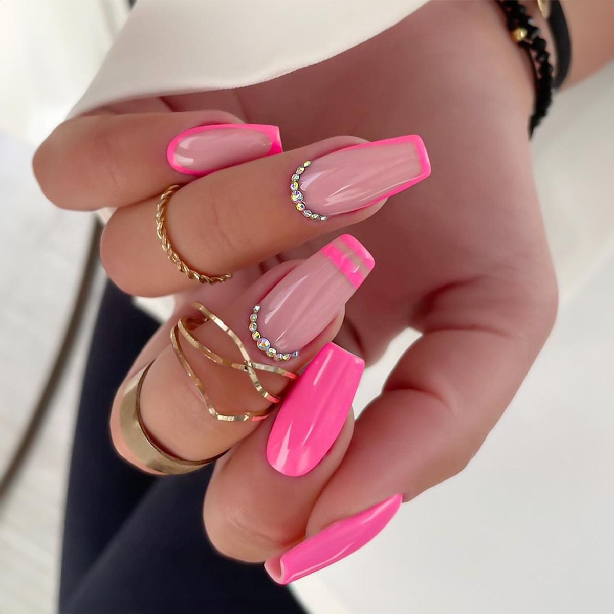 

French Pink Glitter Rhinestone Long Nails - Wearable Nail Art Tips