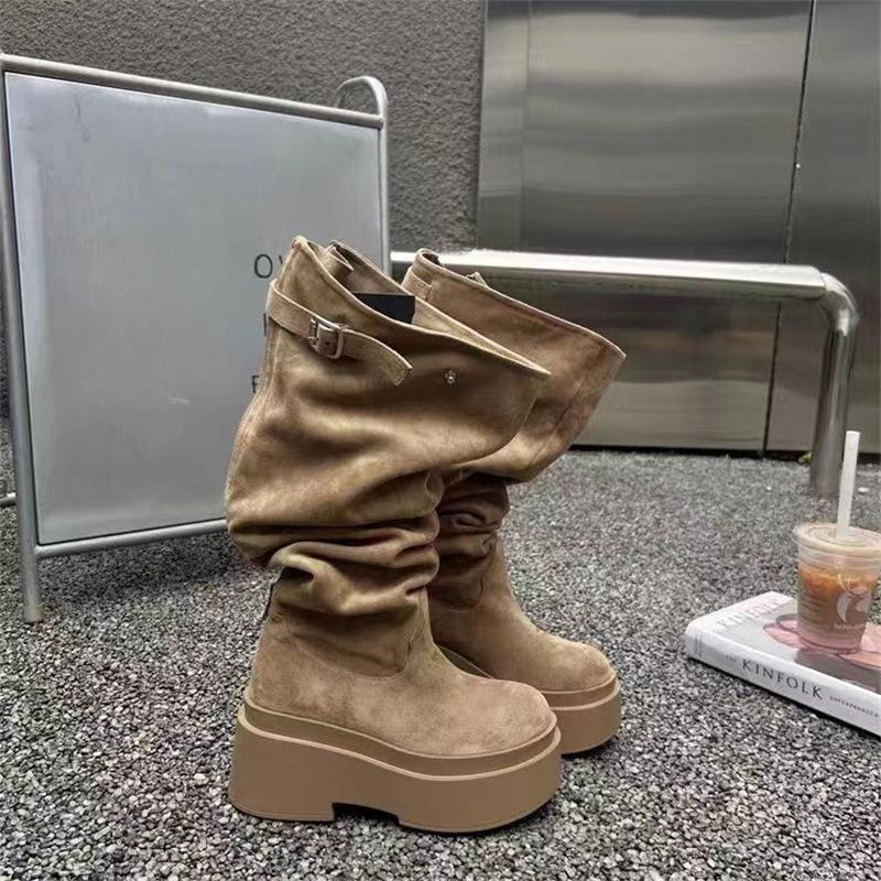 Fashion Women's Fashion Thick Heels Knee High Boots Khaki Flock Slip On Western Boots Woman Spring Autumn Soft Leather Short Botas Mujer