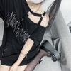 Camisetas Punk Y2k para Chica con Estampado de Letras y Hombros Descubiertos para Mujer Casual Street Negro Gótico Camiseta Estética Streetwear Harajuku