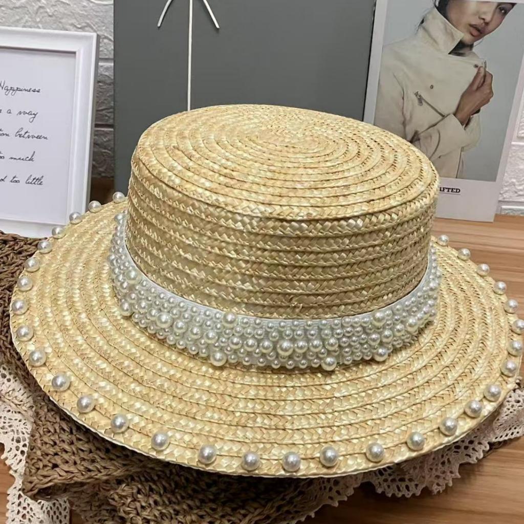 New Summer Japanese Style Pearl Straw Hat for Women - Flat Top Design, UV Protection Sun Cap Perfect for Beach Travel Vacation