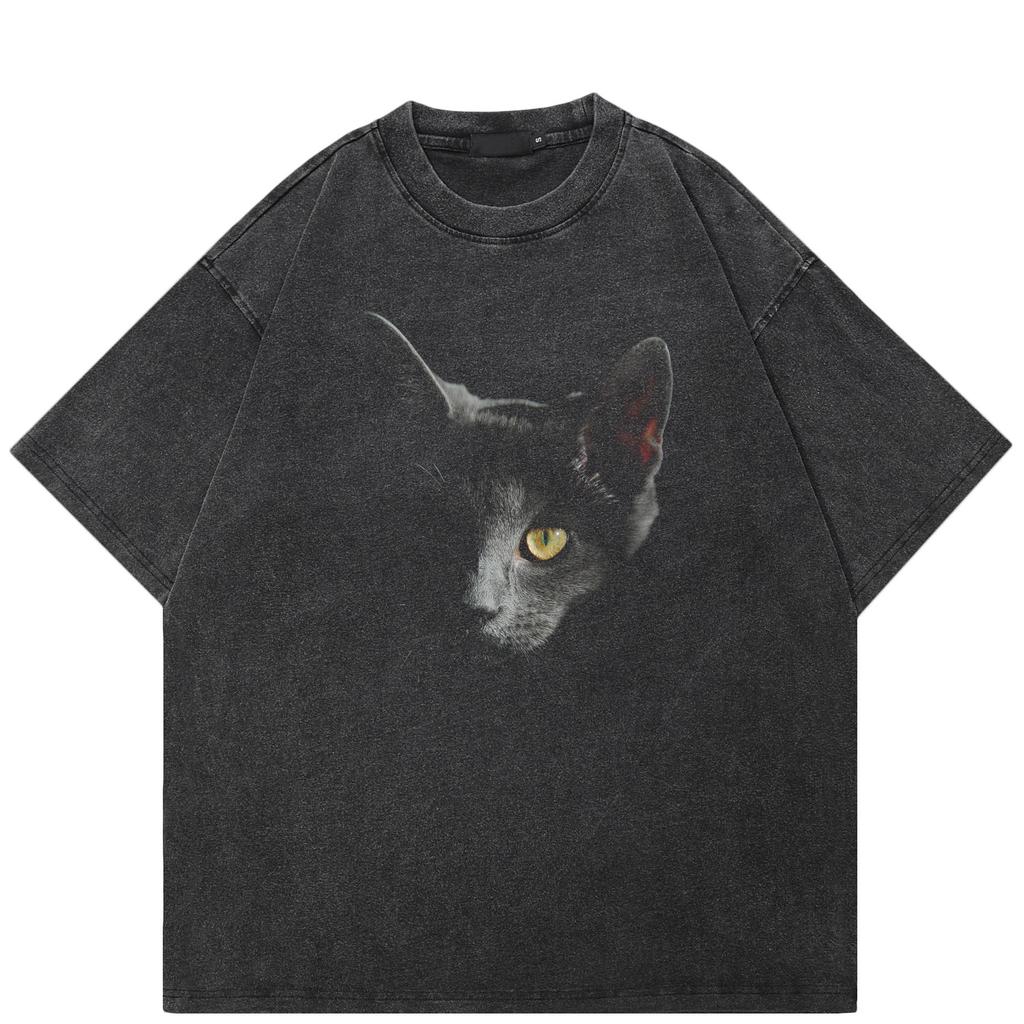 Tricou Streetwear Cat Graphic T-shirt din bumbac spălat negru tricou unisex topuri tricouri de vară cu mâneci scurte