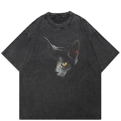 Streetwear Γραφικό T-Shirt με Γάτα Βαμβακερό Πλυμένο Μαύρο T-shirt Unisex Τοπ Μπλουζάκια Καλοκαιρινό Κοντομάνικο T-shirt
