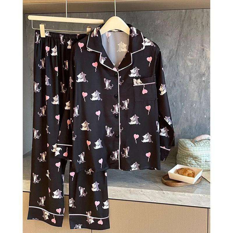 Ice Silk Pajamas Women'S High-End Cartoon Cat Long-Sleeved Loungewear Fashion Suit