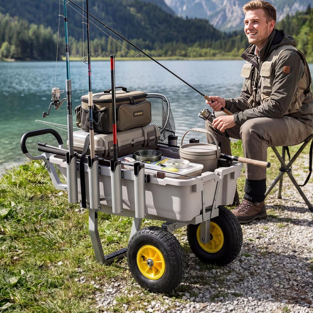 VEVOR Beach Fishing Cart, 90.7 kg Load Capacity, Fishing Cart with Poly Bed, Heavy-Duty Aluminum Alloy Frame, 330 mm All-Terrain Tires, 8 Rod Holders