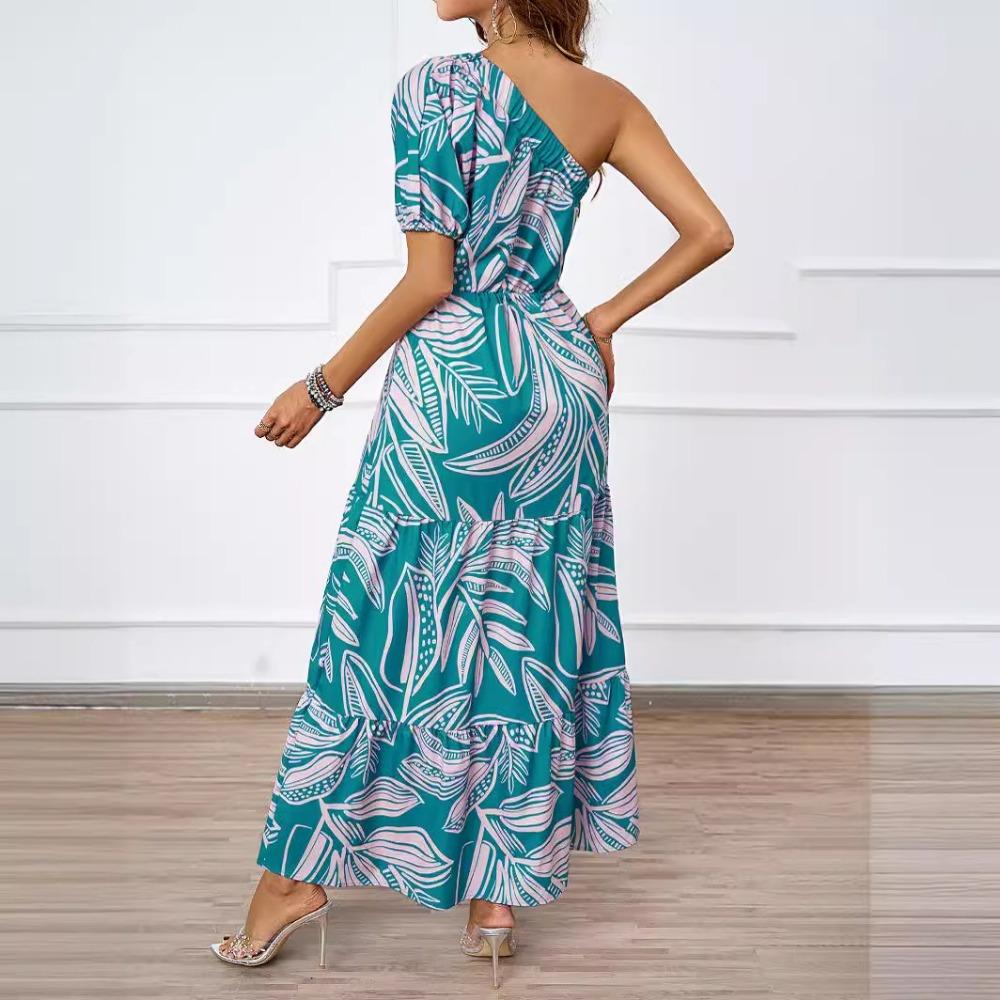 Summer New Sexy Slant Neck Printed Bohemian Seaside Vacation Long Skirt Dress
