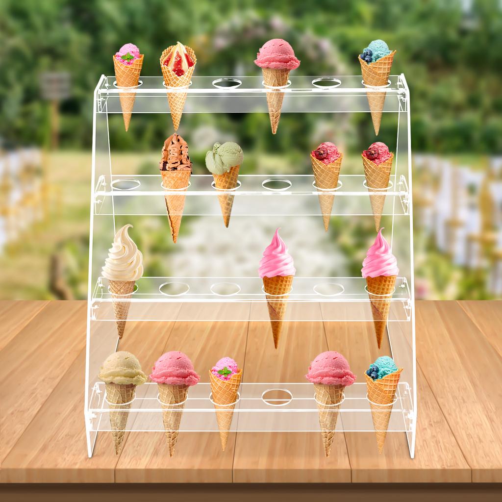 Clear Acrylic Ice Cream Cone Display Stand, 4-Tier 24-Hole Dessert Serving Rack for Party Buffet Wedding Christmas Birthday