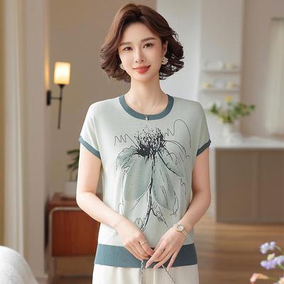 Elegant Summer Knit Top for Middle-Aged & Elderly Women - Thin, Short-Sleeved, Fashionable Print T-shirt