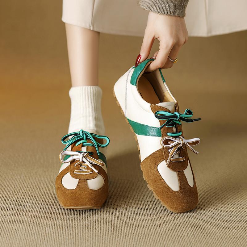 Fashion Lace-up German Training Shoes Pumps Female Genuine Leather 2025 New Spring Flat Sneakers Ladies Casual Forrest Gump Shoes Women