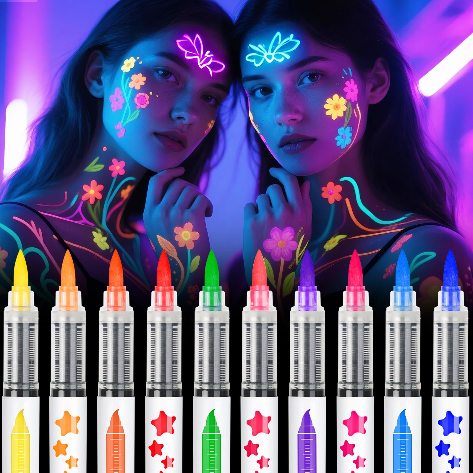 

Glow-in-the-Dark 10 Colors UV Surface Paint Markers, Washable Neon Surface Body Painting Kit Under Black Light, Halloween Makeup Incandescent Party